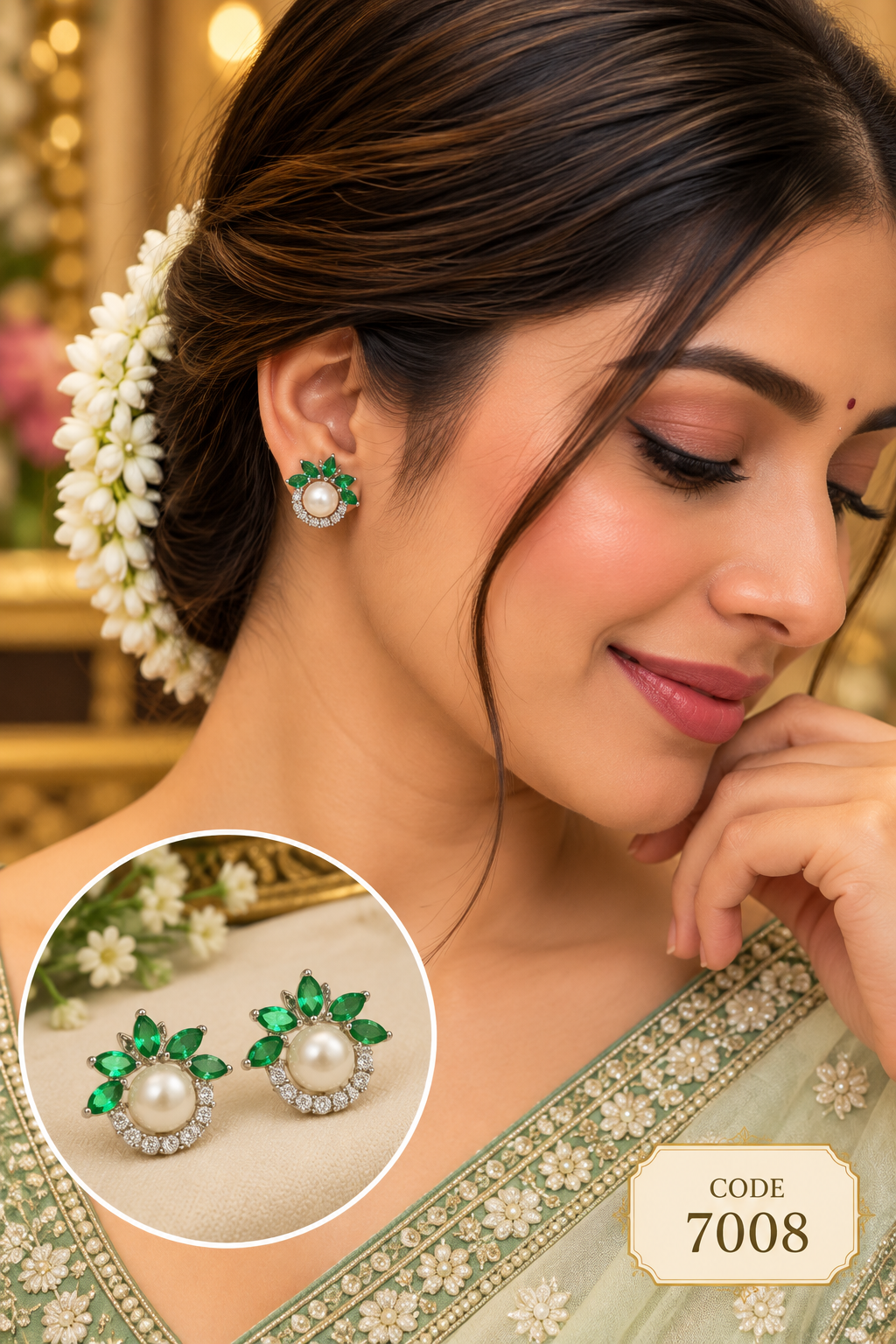 Green Stone Pearl Floral Stud Earrings – Code 7007