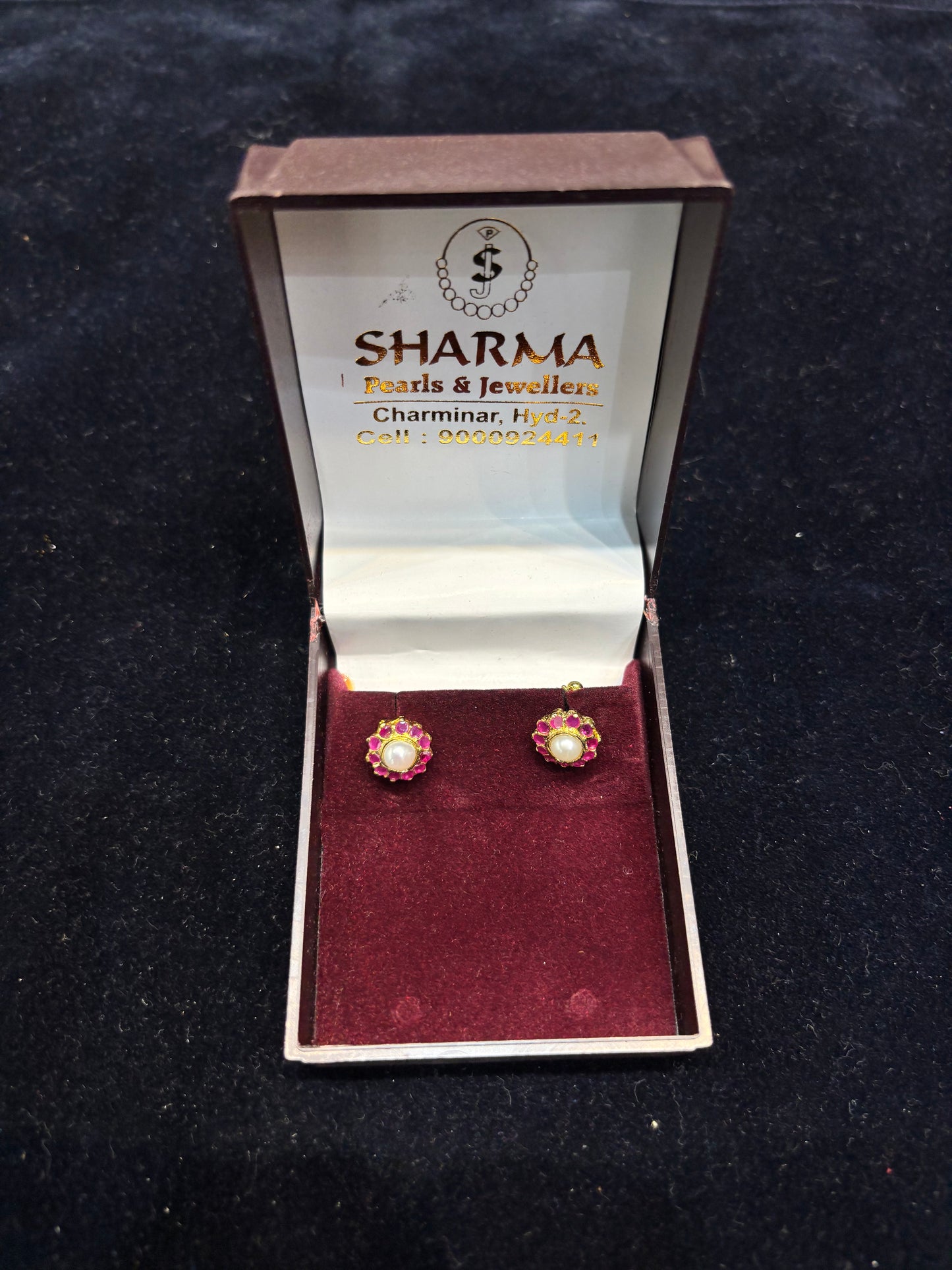 Ruby Halo Pearl Stud Earrings