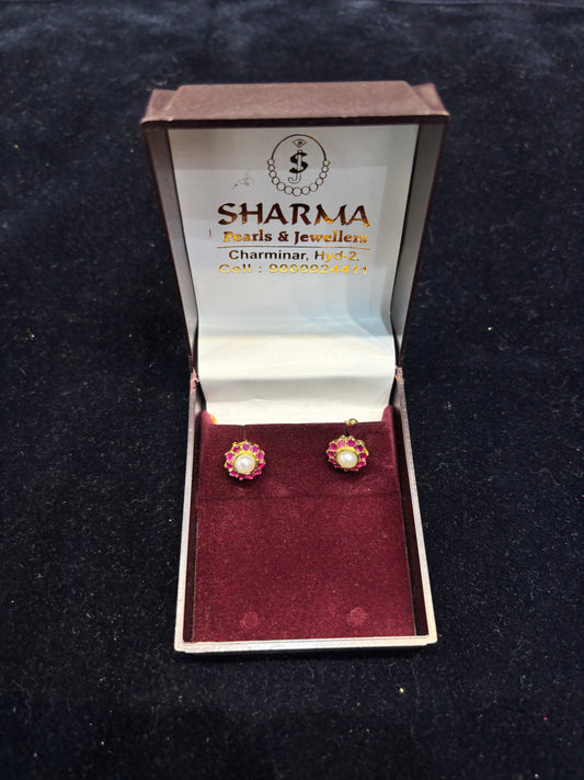 Ruby Halo Pearl Stud Earrings