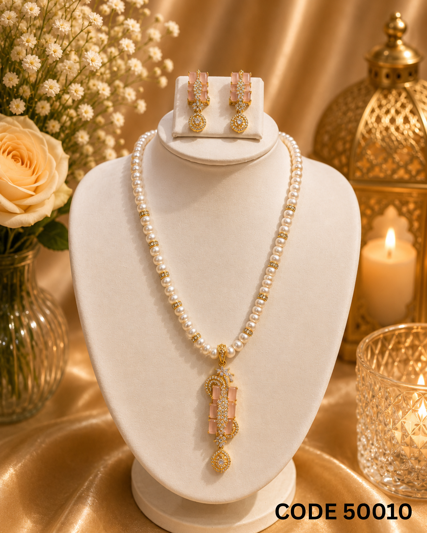 Freshwater Pearl Necklace Set with Blush Pink CZ Pendant – Code 50010