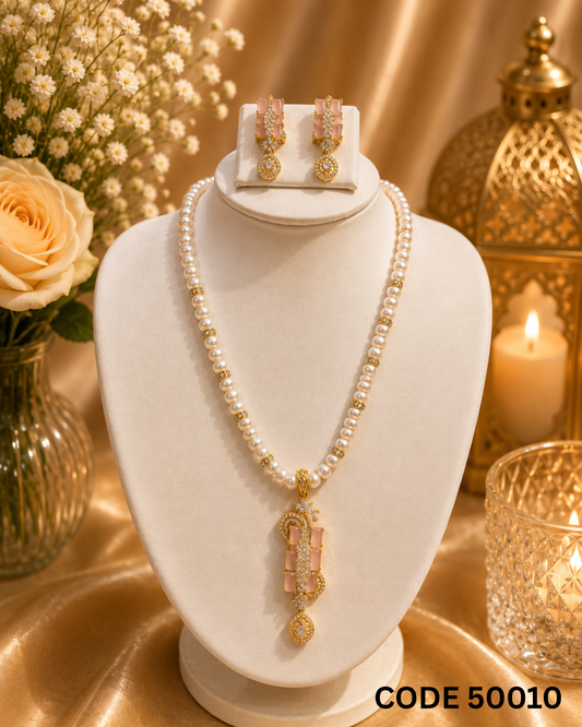 Freshwater Pearl Necklace Set with Blush Pink CZ Pendant – Code 50010