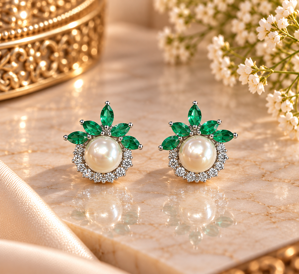Green Pearl Floral Stud Earrings – Code 7008