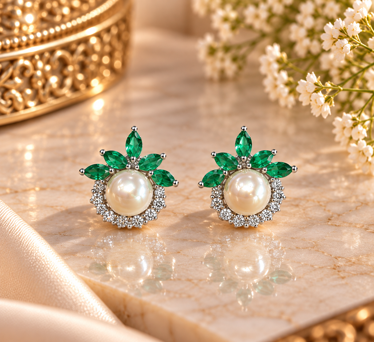 Green Pearl Floral Stud Earrings – Code 7008