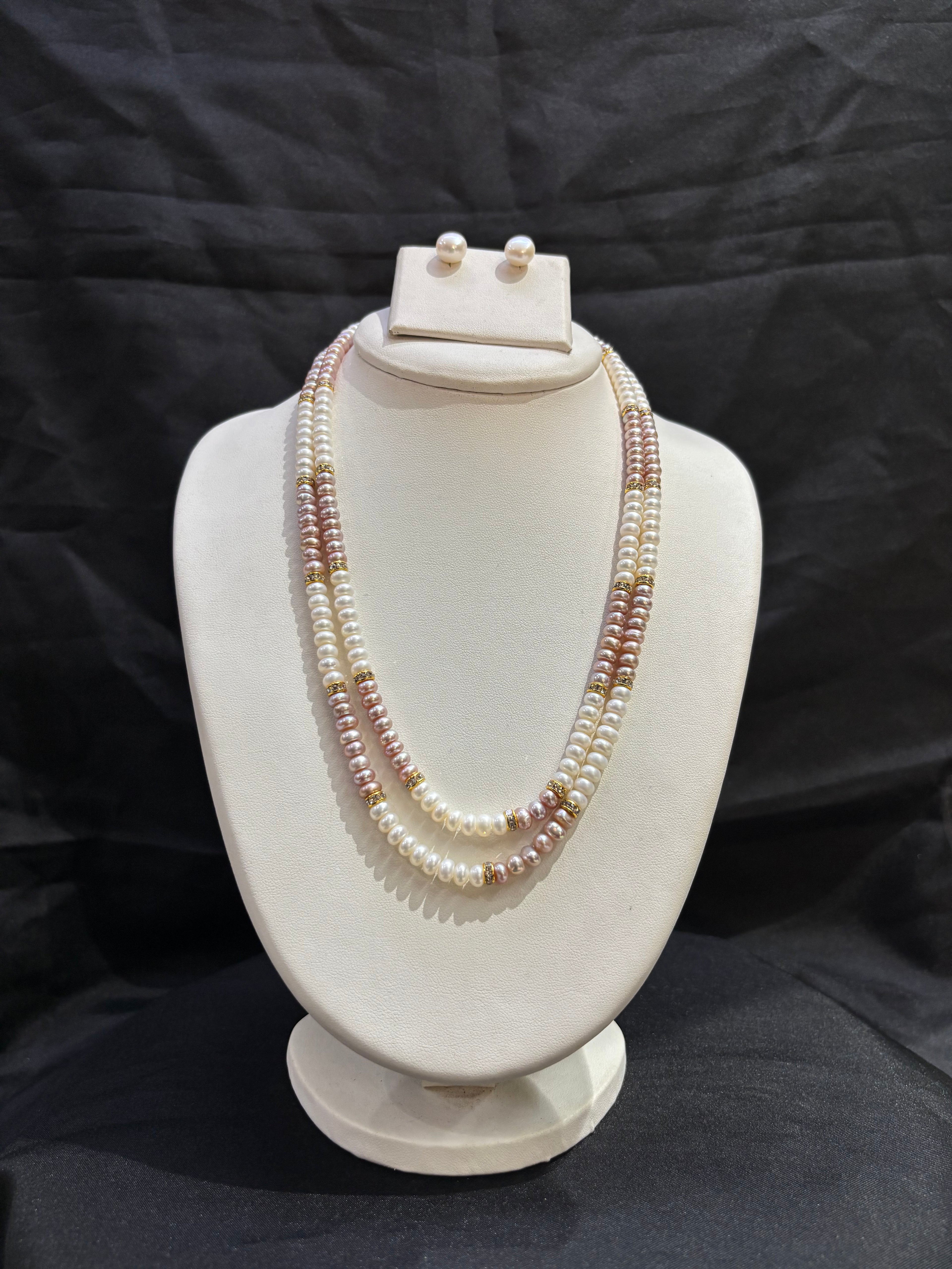 Elegant Double Layer Freshwater Pearl Necklace Set in White & Blush Pink
