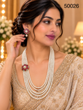 White Pearl Multi-Strand Necklace Set with Ruby-Coloured Floral Motifs