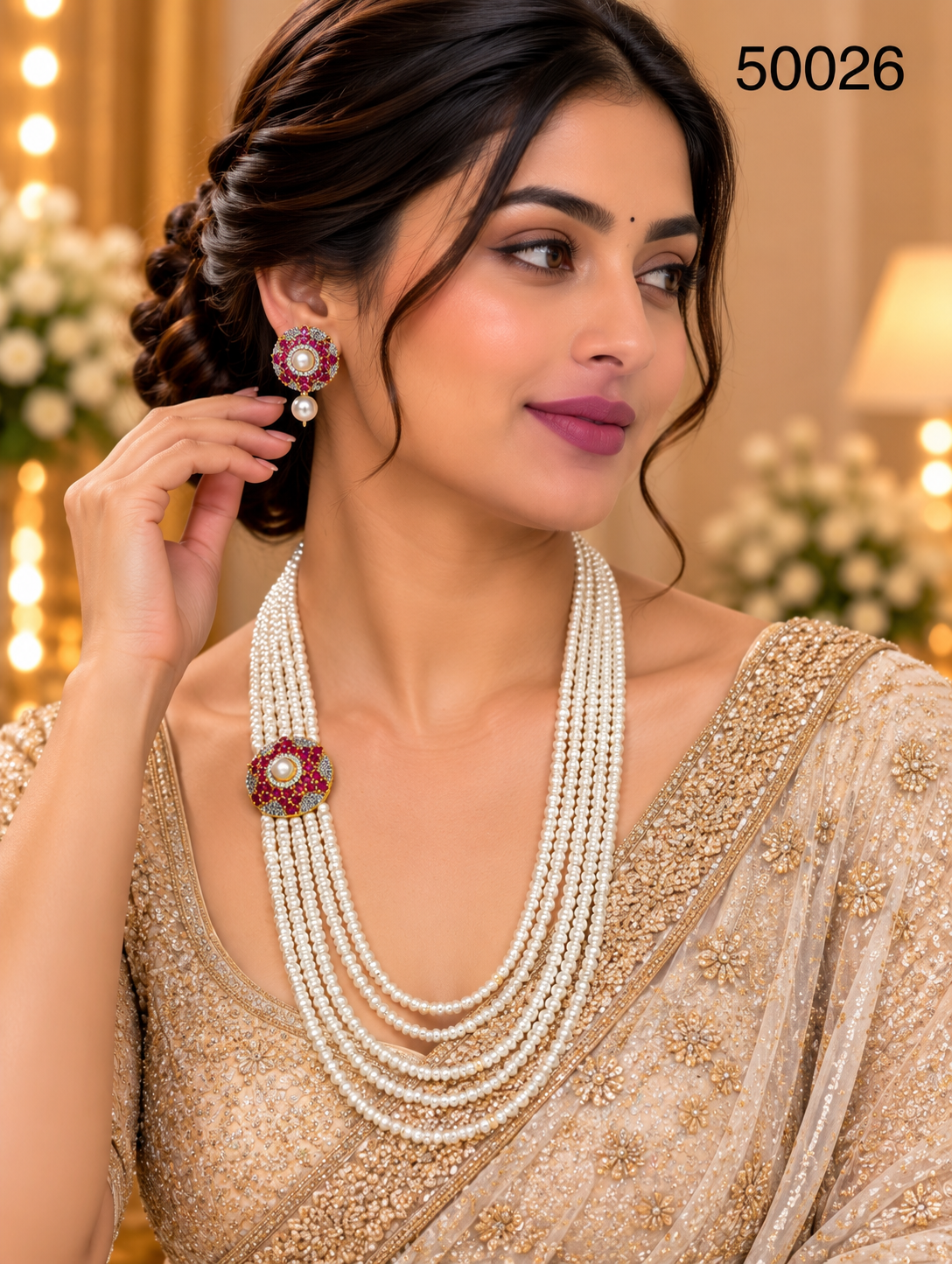 White Pearl Multi-Strand Necklace Set with Ruby-Coloured Floral Motifs