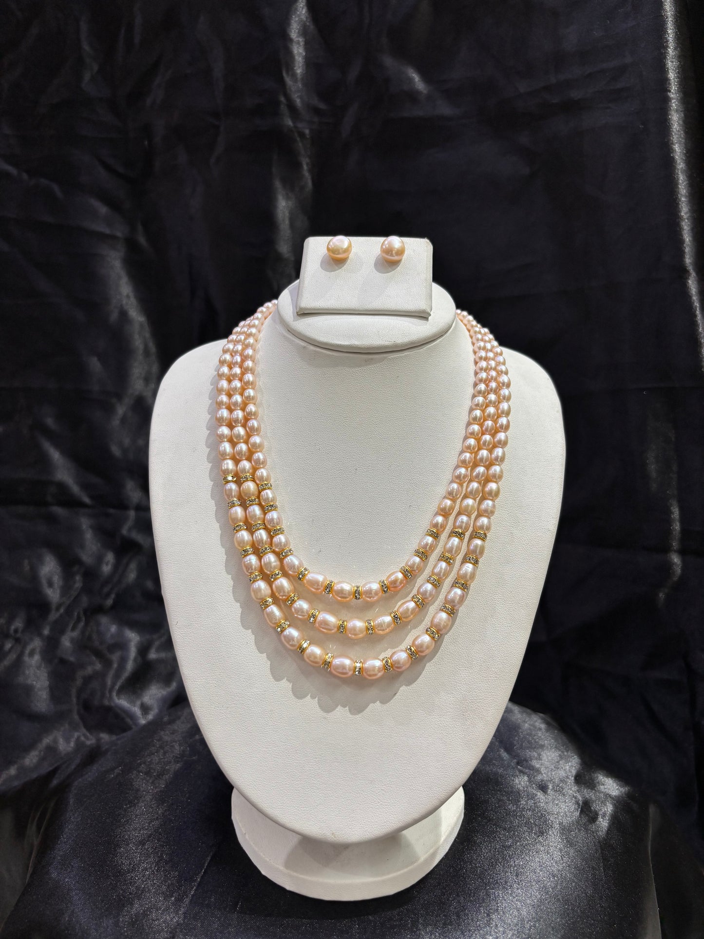 Premium Triple Layer Peach Freshwater Pearl Necklace Set with Crystal Spacers