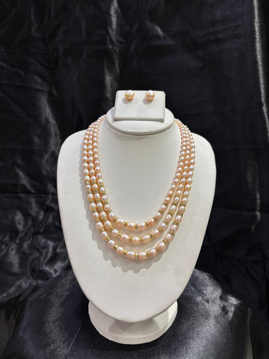 Premium Triple Layer Peach Freshwater Pearl Necklace Set with Crystal Spacers