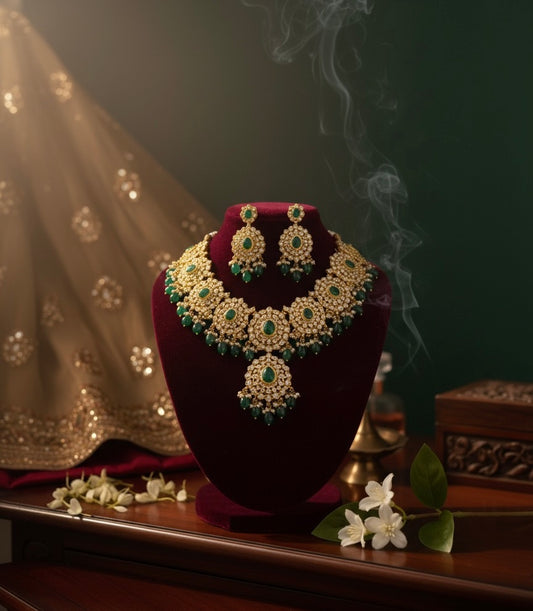 Emerald Green Kundan Bridal Necklace Set