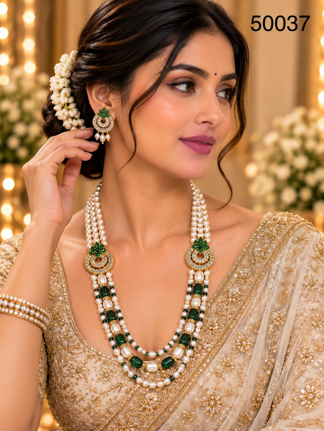 Green Pearl Multi-Strand Necklace Set with Designer Motif