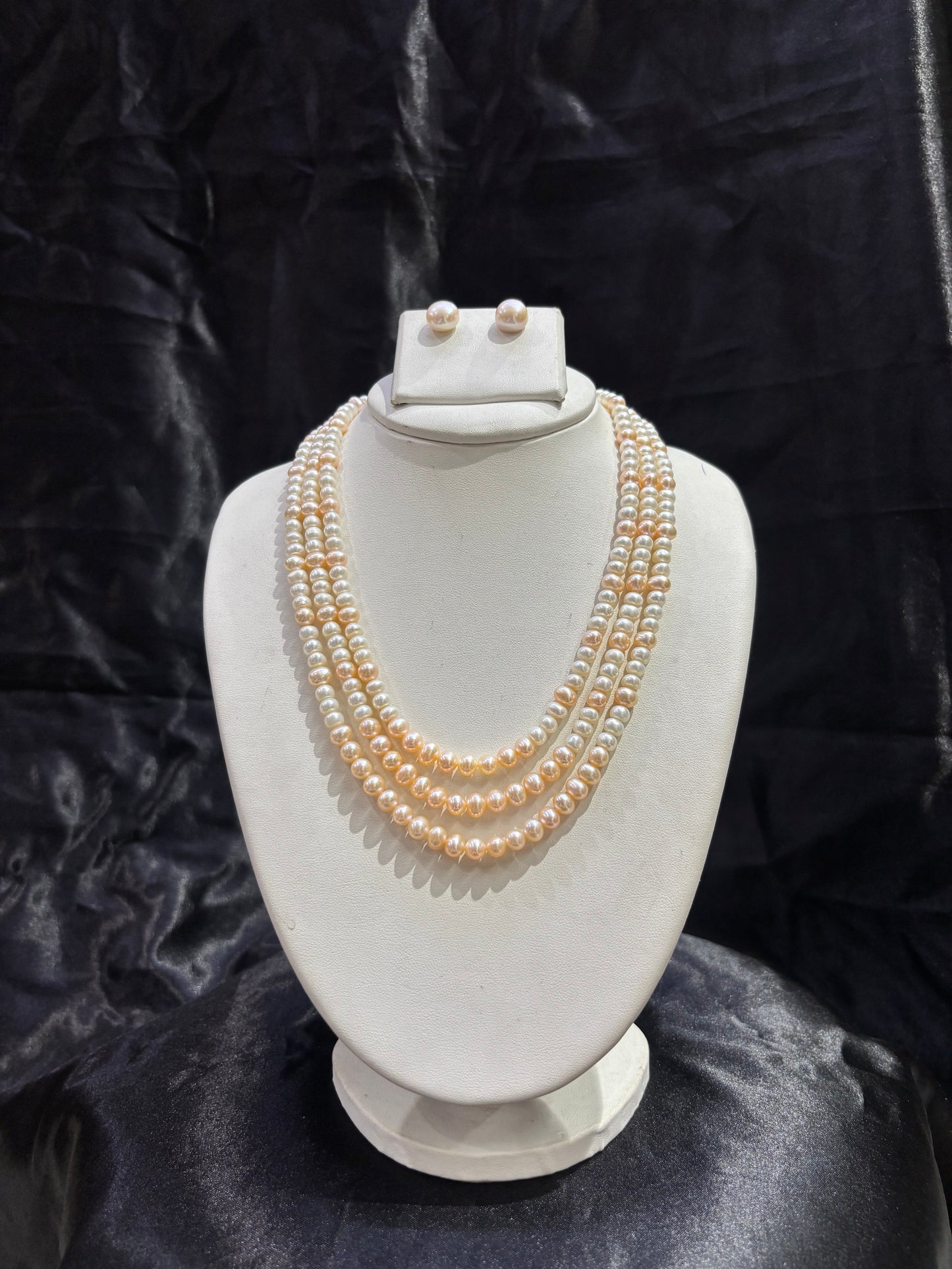 Elegant Triple Layer Peach Freshwater Pearl Necklace Set with Crystal Spacers