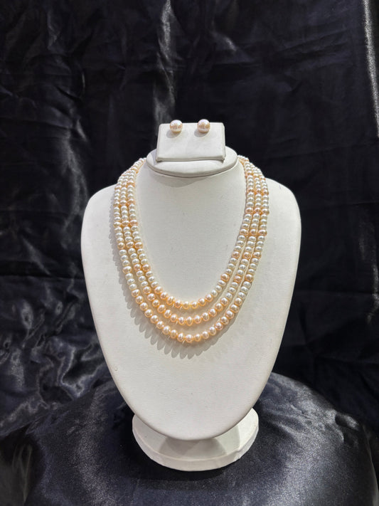 Elegant Triple Layer Peach Freshwater Pearl Necklace Set with Crystal Spacers