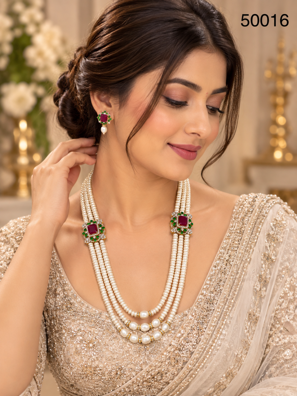Ruby & Green Stone Freshwater Pearl Multi-Strand Necklace Set