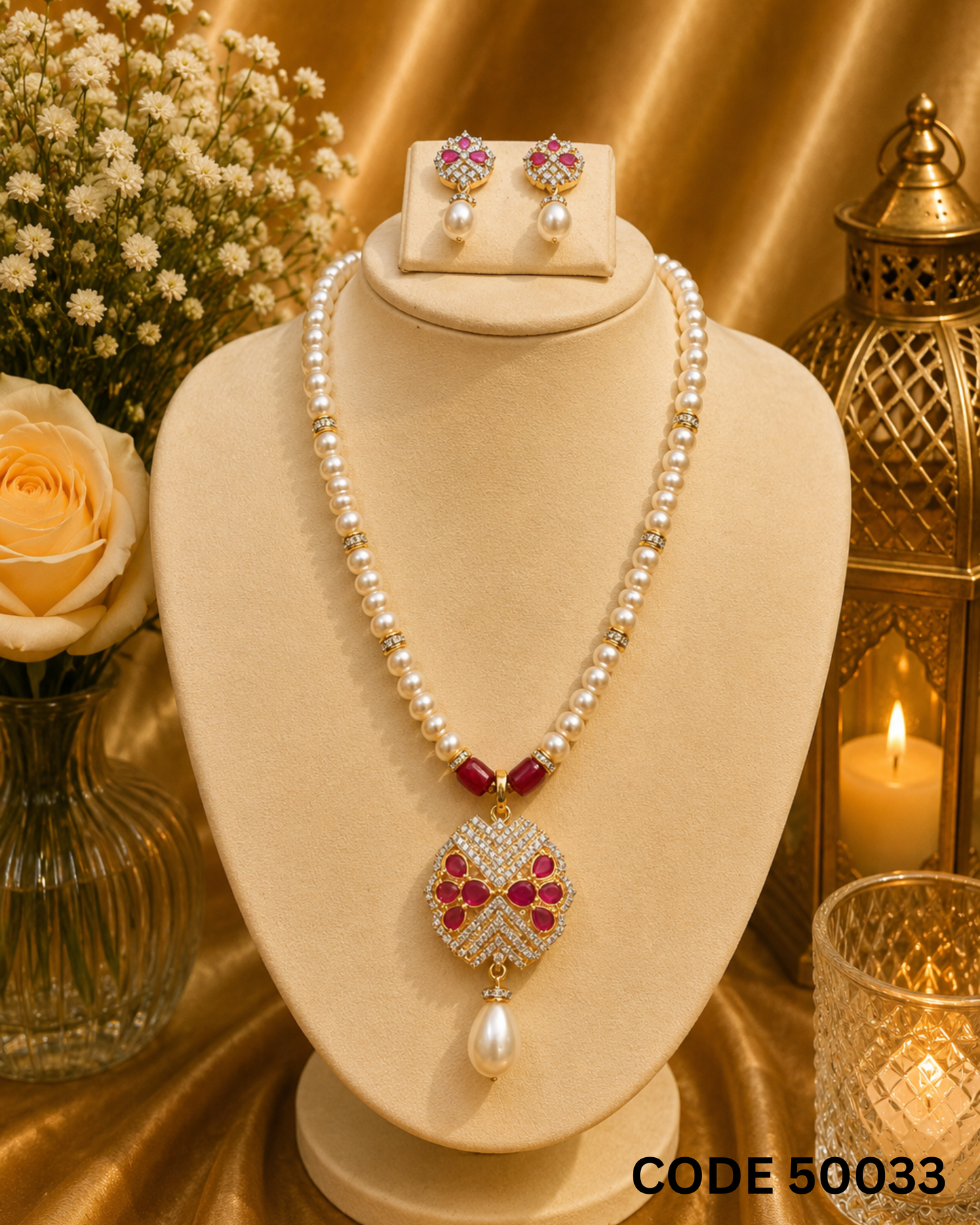 Pearl Necklace Set with Ruby Pink Stone Pendant & Earrings – Code 50033
