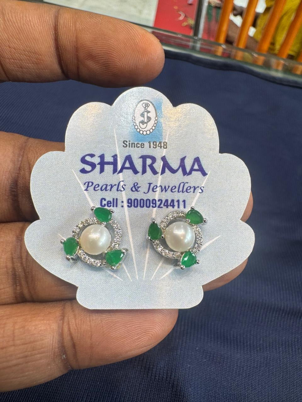 Green Stone Pearl Stud Earrings – Code 7012
