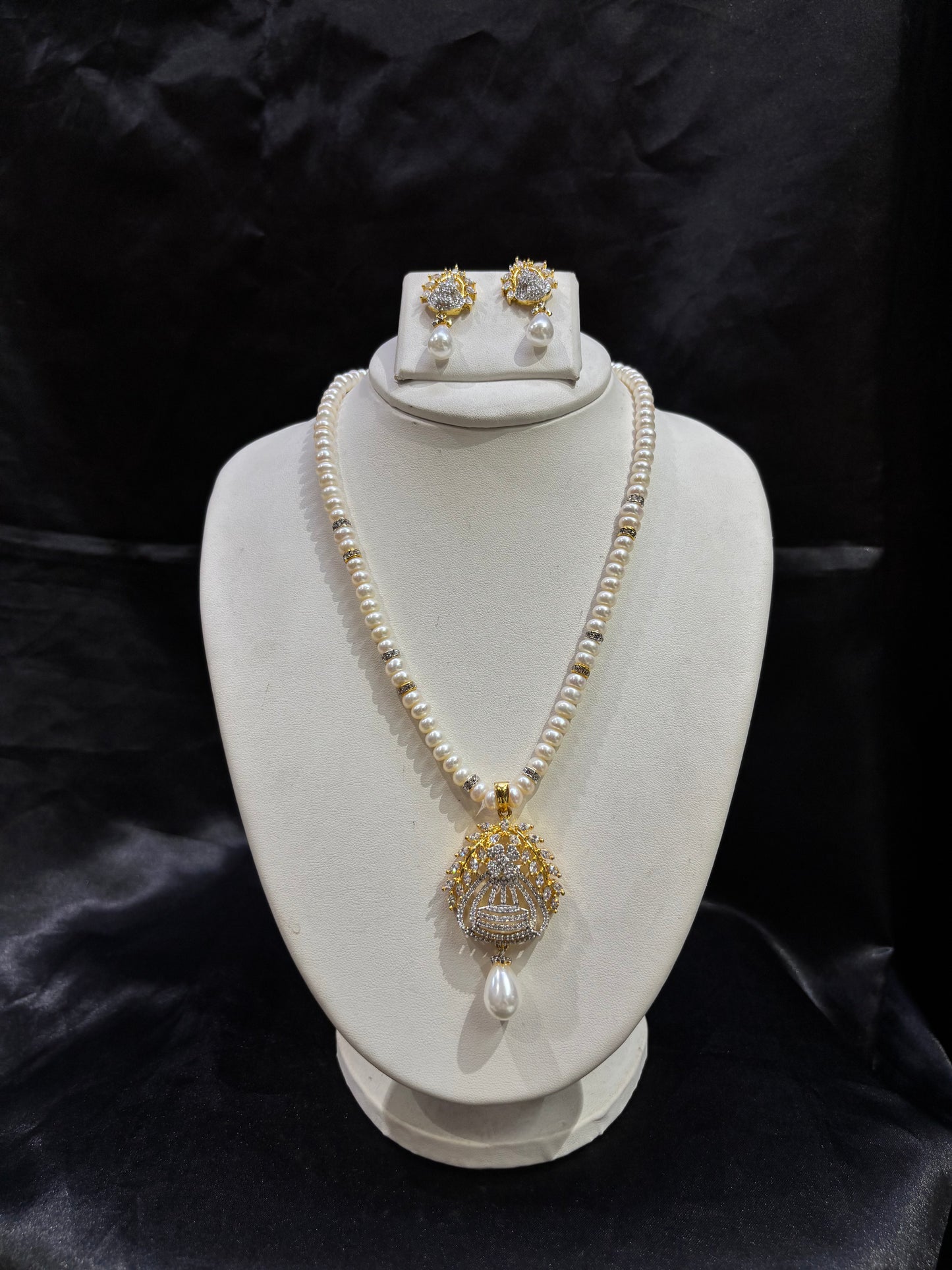 Classic Pearl Necklace Set with Designer CZ Pendant – Code 50008