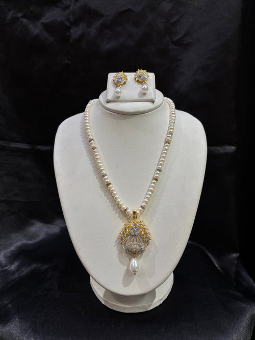 Classic Pearl Necklace Set with Designer CZ Pendant – Code 50008