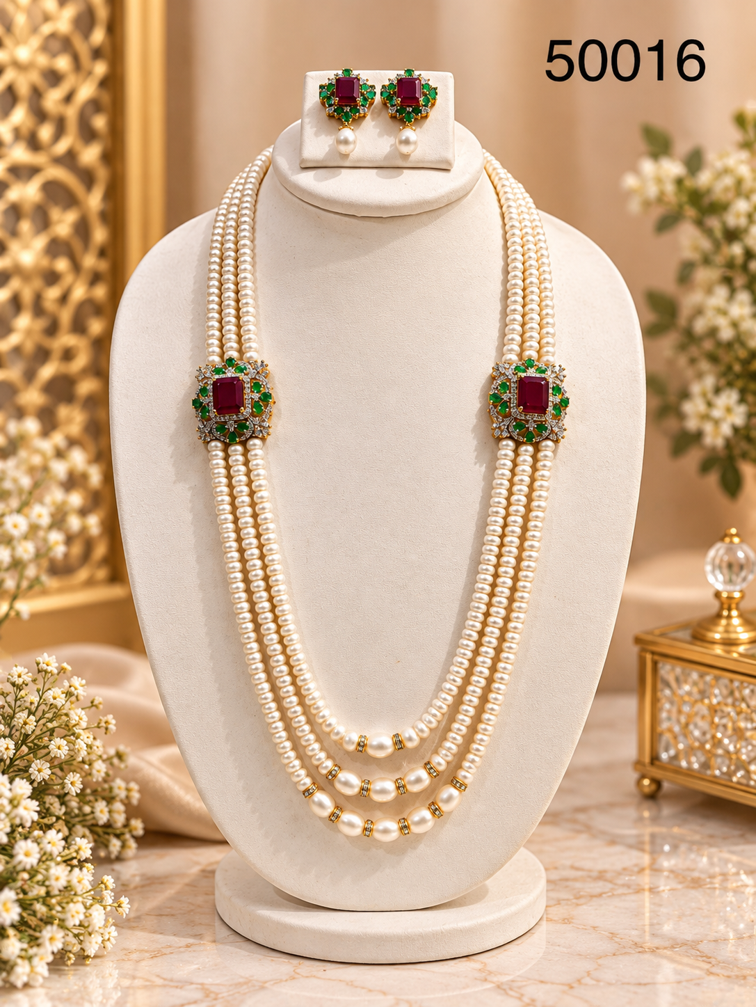 Ruby & Green Stone Freshwater Pearl Multi-Strand Necklace Set