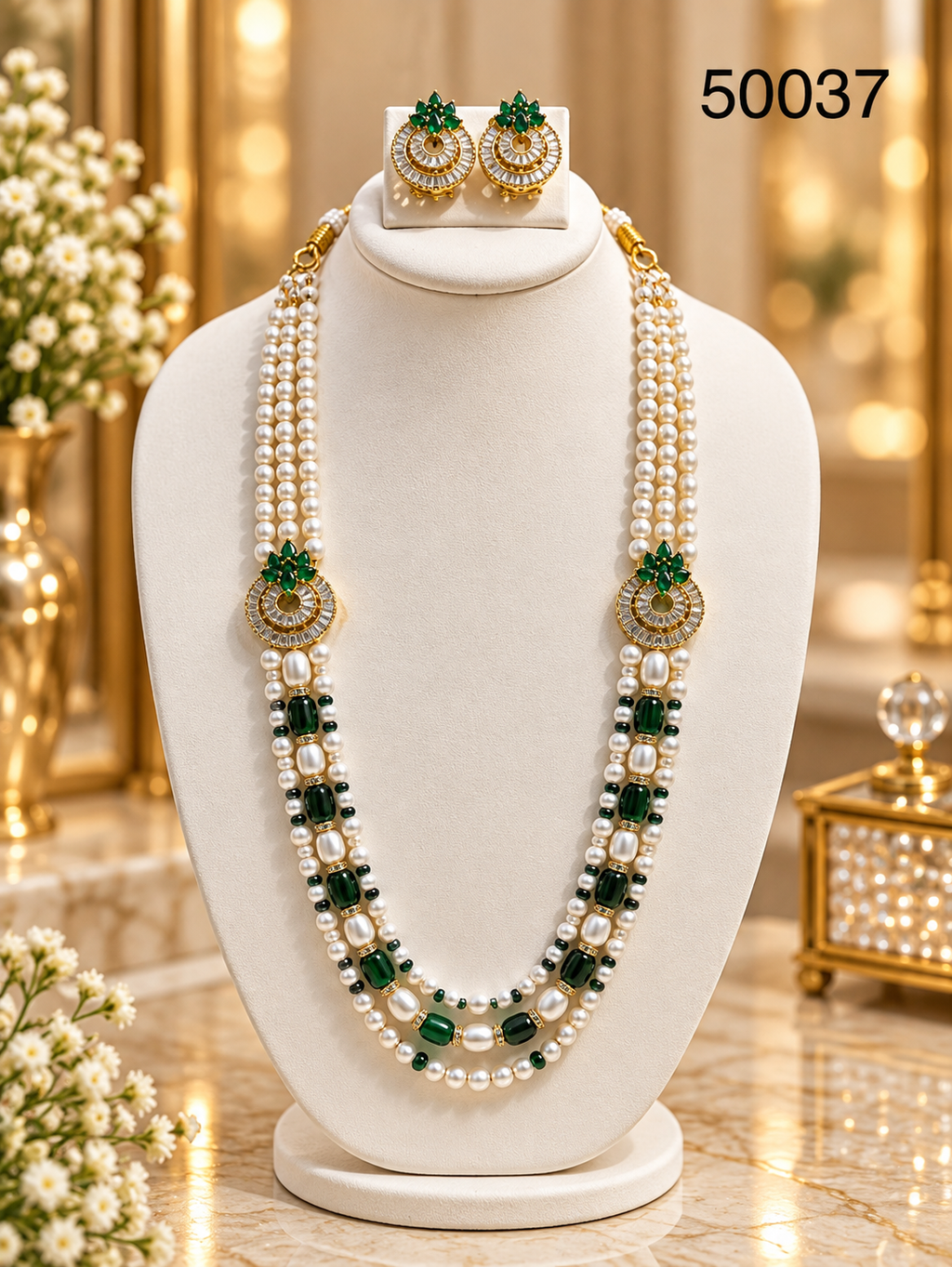 Green Pearl Multi-Strand Necklace Set with Designer Motif