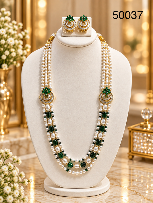 Green Pearl Multi-Strand Necklace Set with Designer Motif