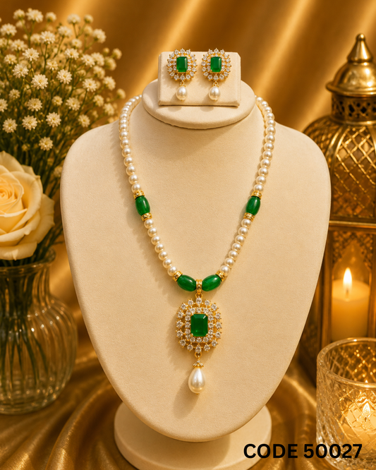 Freshwater Pearl Necklace Set with Emerald Green Designer Pendant – Code 50027