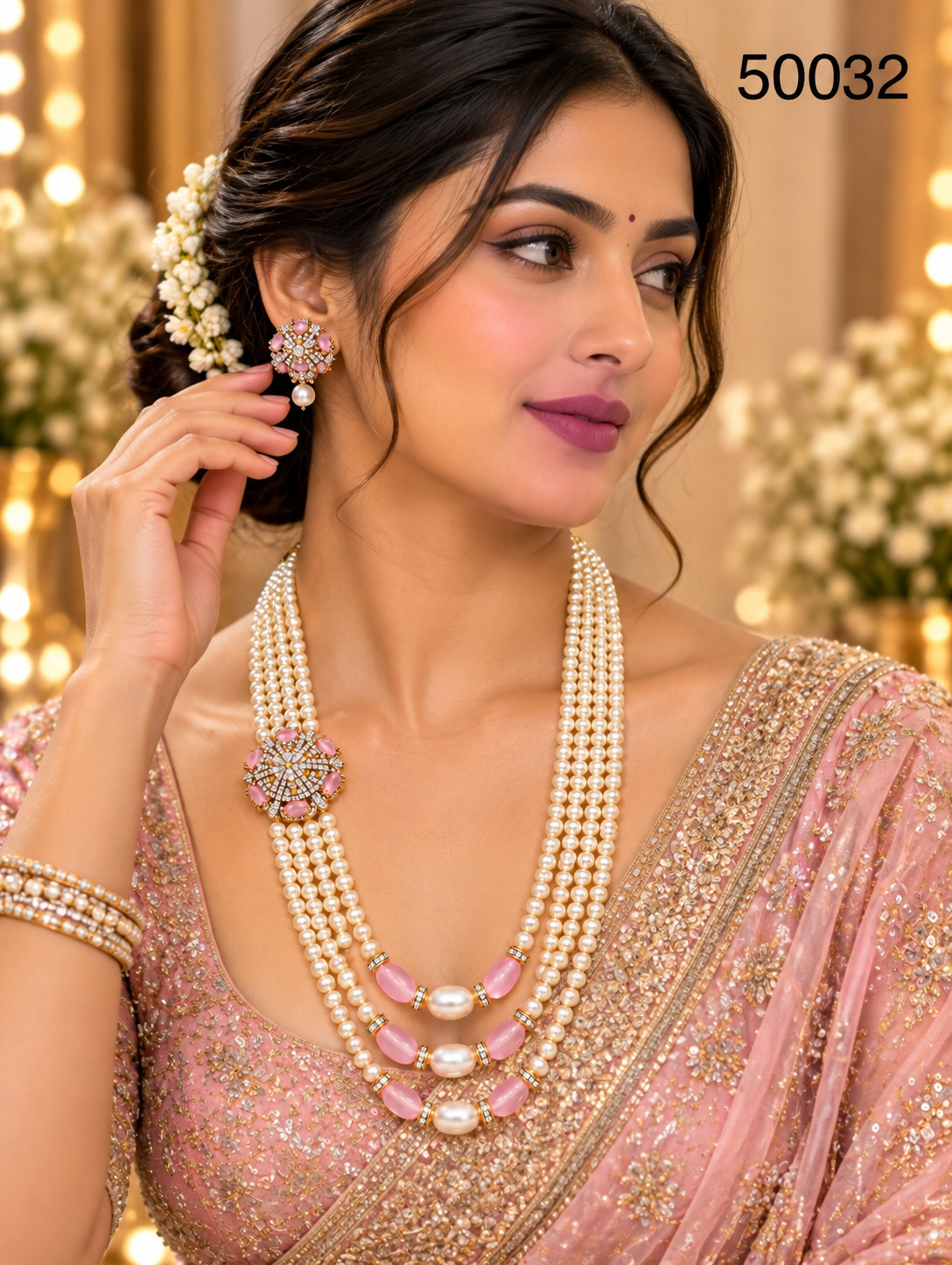 Pink Pearl Multi-Strand Necklace Set with Floral Designer Motif