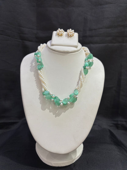Multi-Strand Freshwater Pearl & Green Jade Necklace Set – Code 50058