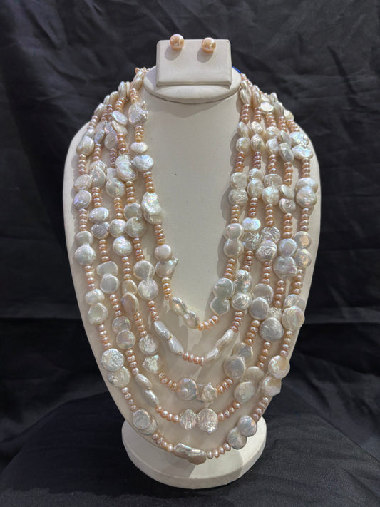 Designer Multi-Layer Baroque Pearl Necklace Set with Pink Freshwater Pearls