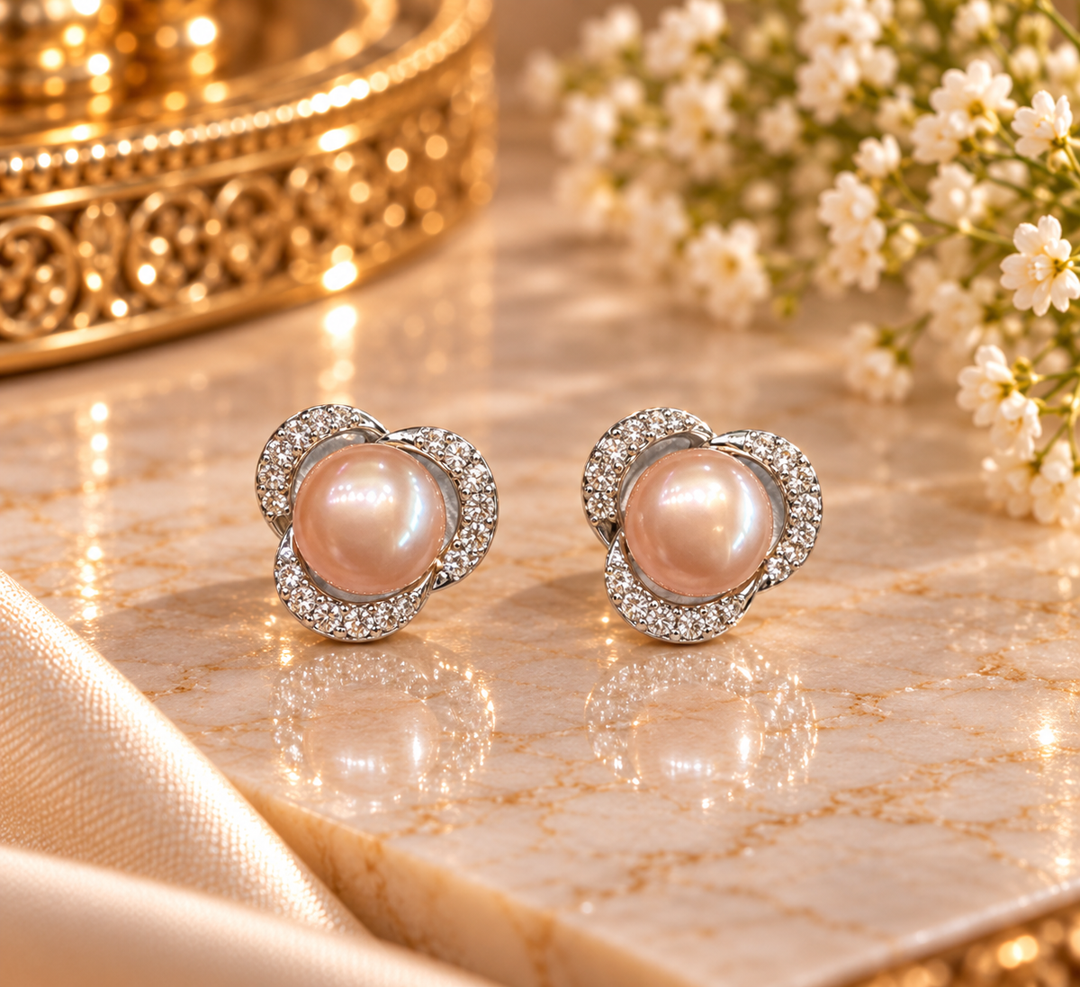 Pink Pearl Floral Stud Earrings – Code 7009