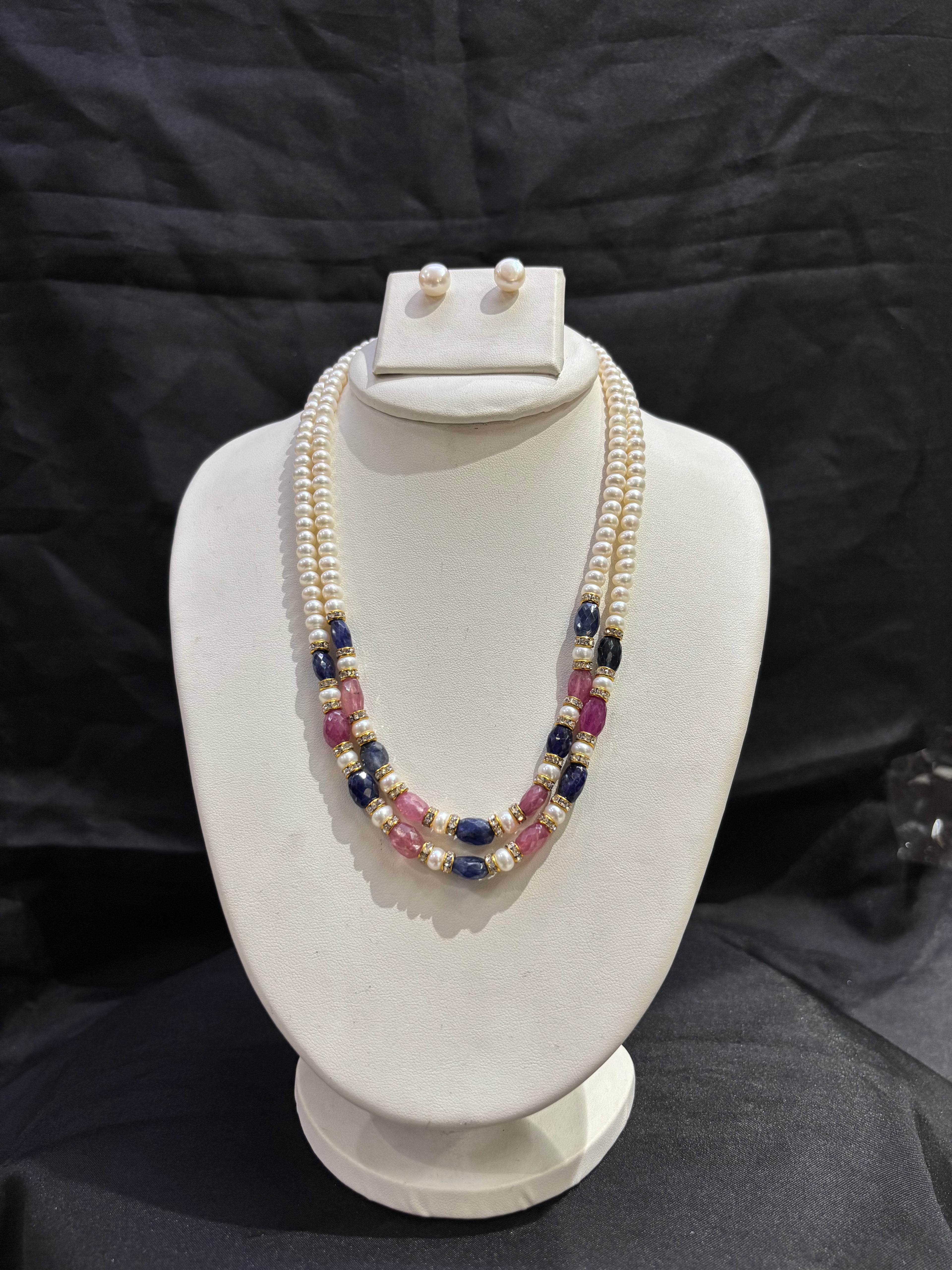 Double Layer Freshwater Pearl Necklace Set with Pink Tourmaline & Blue Sapphire Gemstone Accents