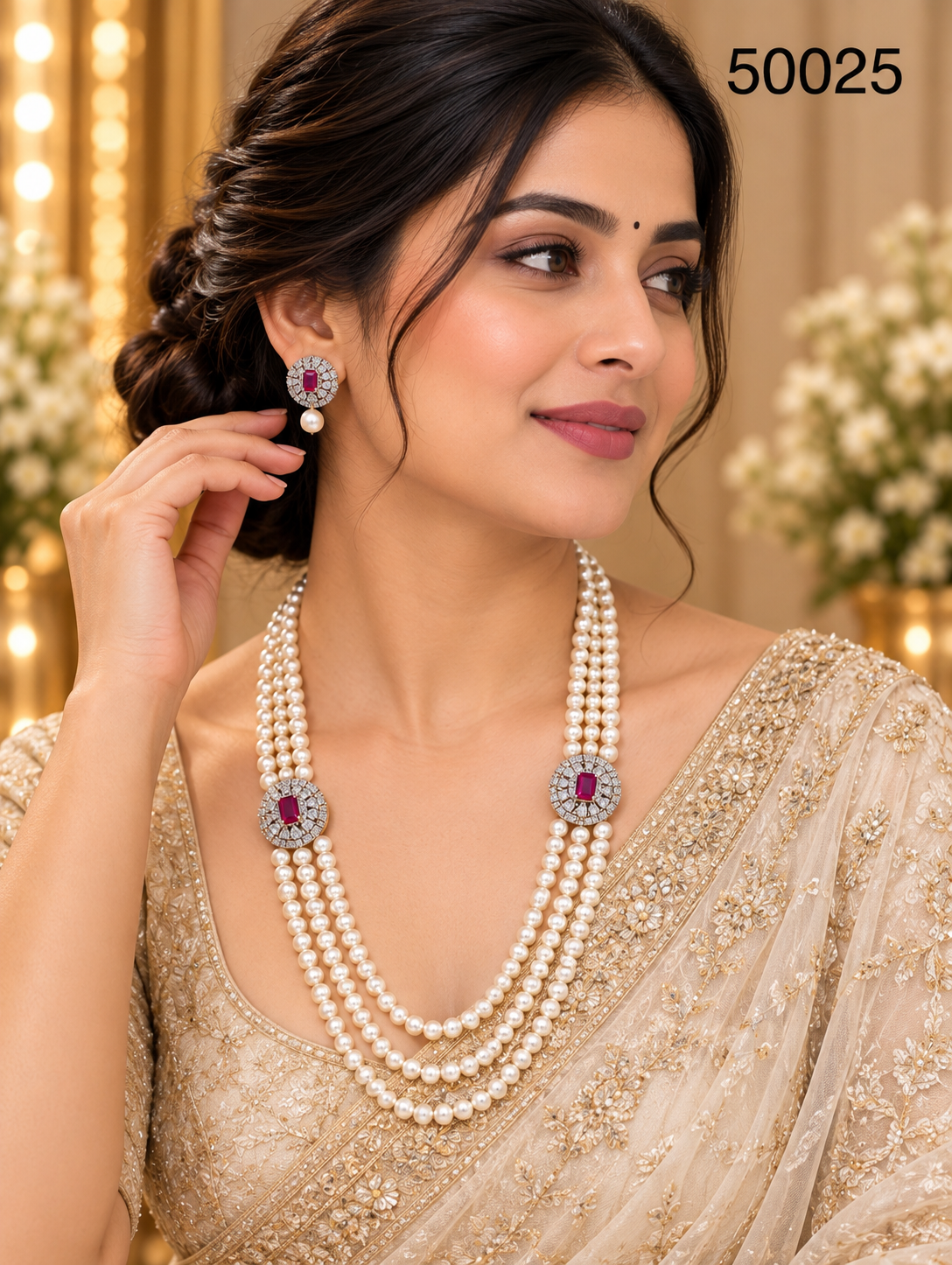 White Pearl Multi-Strand Necklace Set with Ruby-Coloured Stones