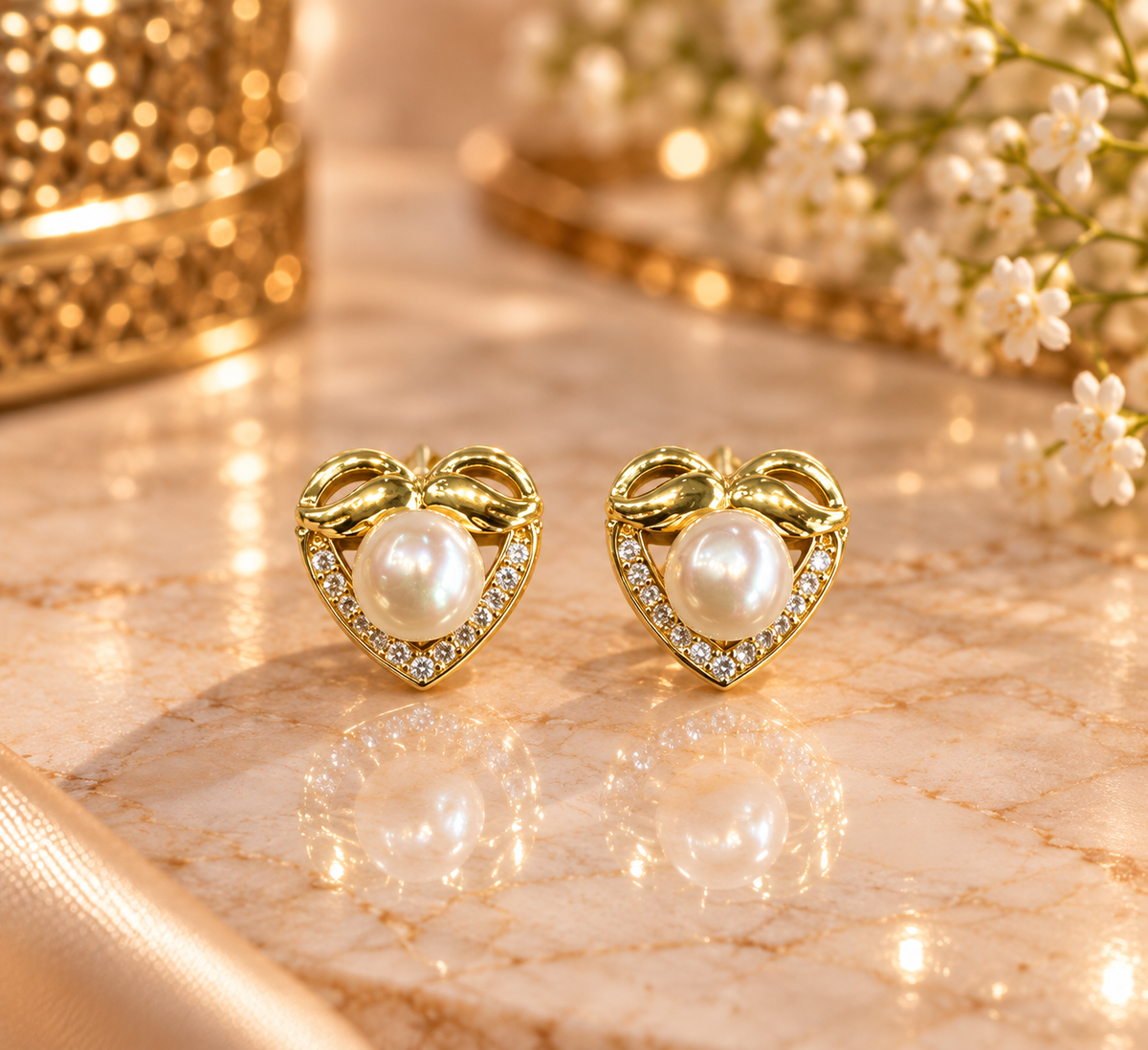 Golden Heart Pearl Stud Earrings – Code 7010