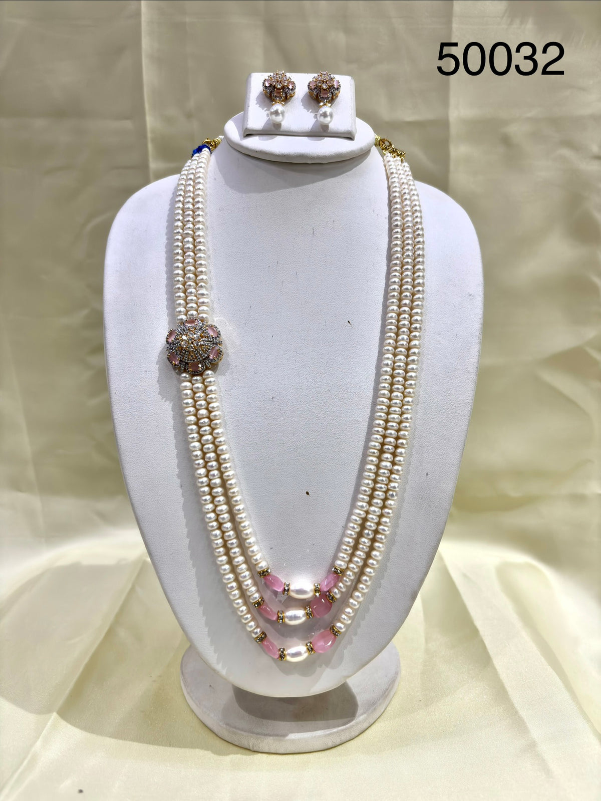 Pink Pearl Multi-Strand Necklace Set with Floral Designer Motif