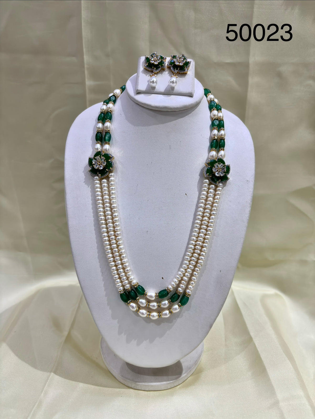 Green Stone & Freshwater Pearl Multi-Strand Necklace Set
