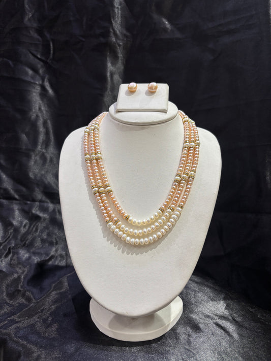 Elegant Triple Layer Pink Freshwater Pearl Necklace Set