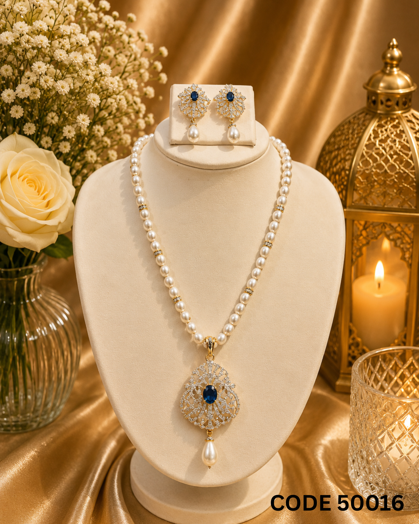 Freshwater Pearl Necklace Set with Royal Blue CZ Pendant – Code 50016