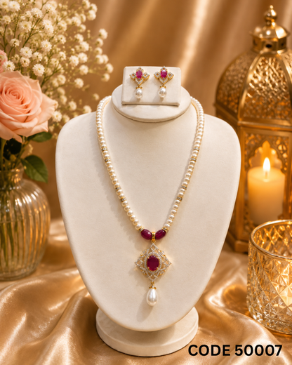 Ruby Red Stone Freshwater Pearl Pendant Necklace Set – Code 50007