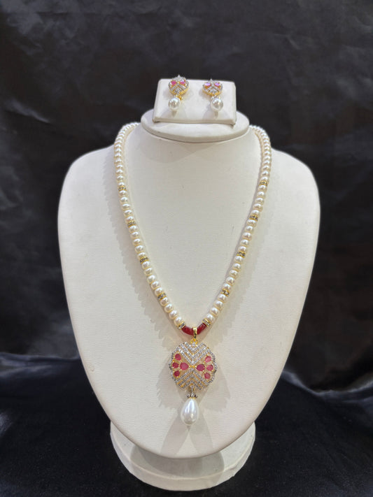 Pink Stone Pearl Pendant Set