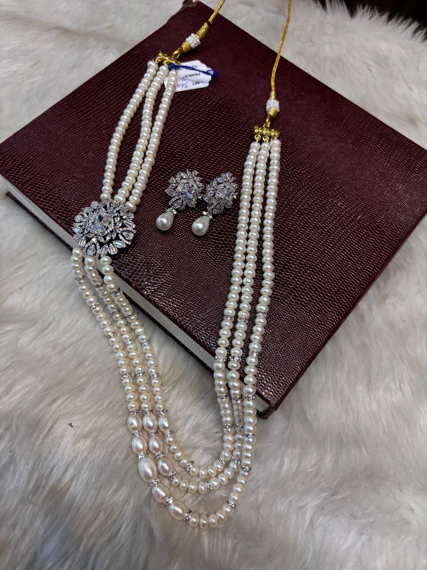 Real Pearl & Diamond Pendant Necklace Set
