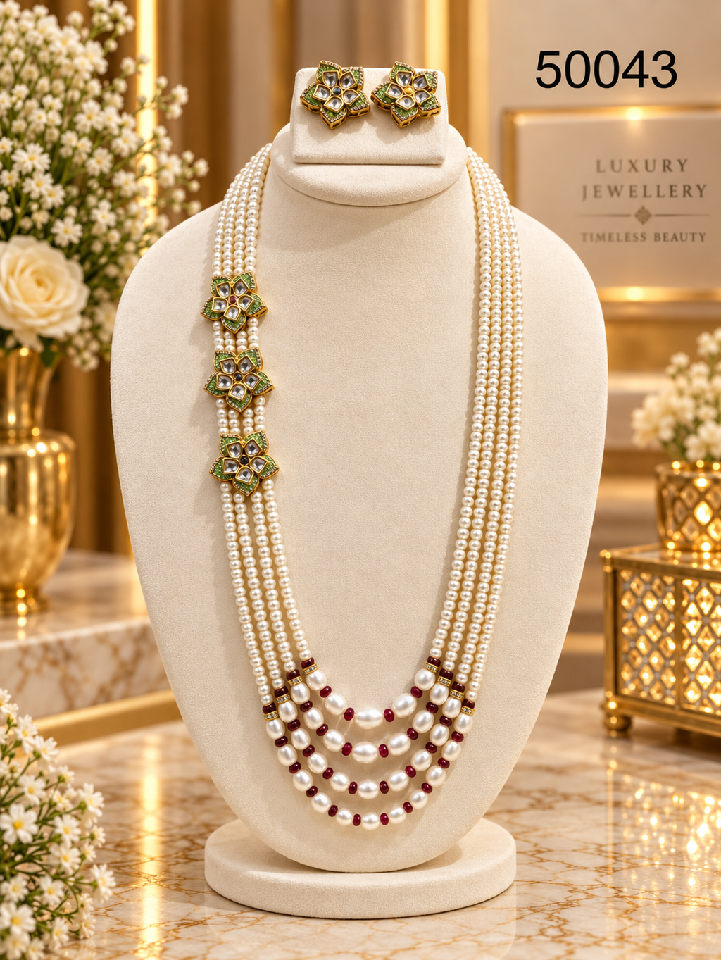 Green & Ruby Pearl Multi-Strand Necklace Set with Designer Motifs