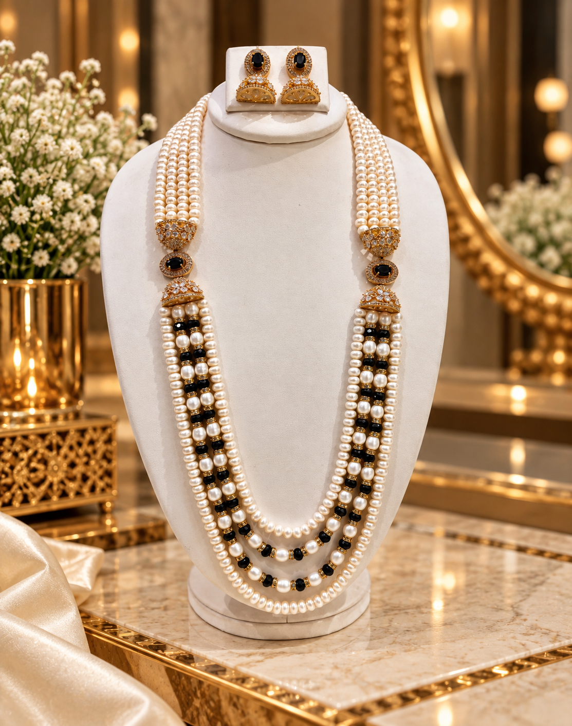 Blue Onyx Freshwater Pearl Long Necklace Set