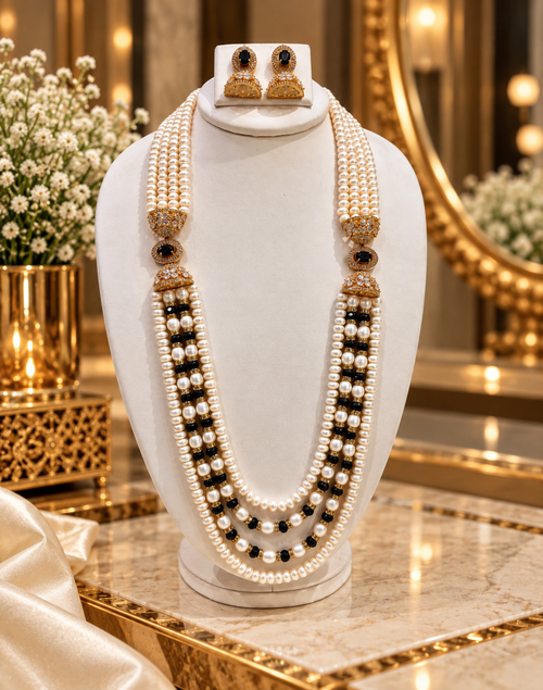 Blue Onyx Freshwater Pearl Long Necklace Set