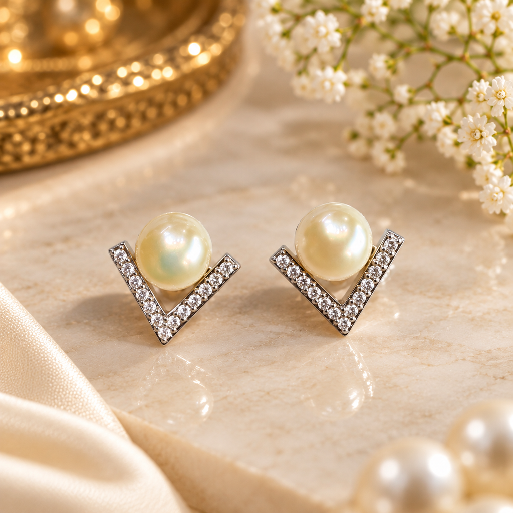 Pearl V-Shape Stud Earrings with Crystal Detailing