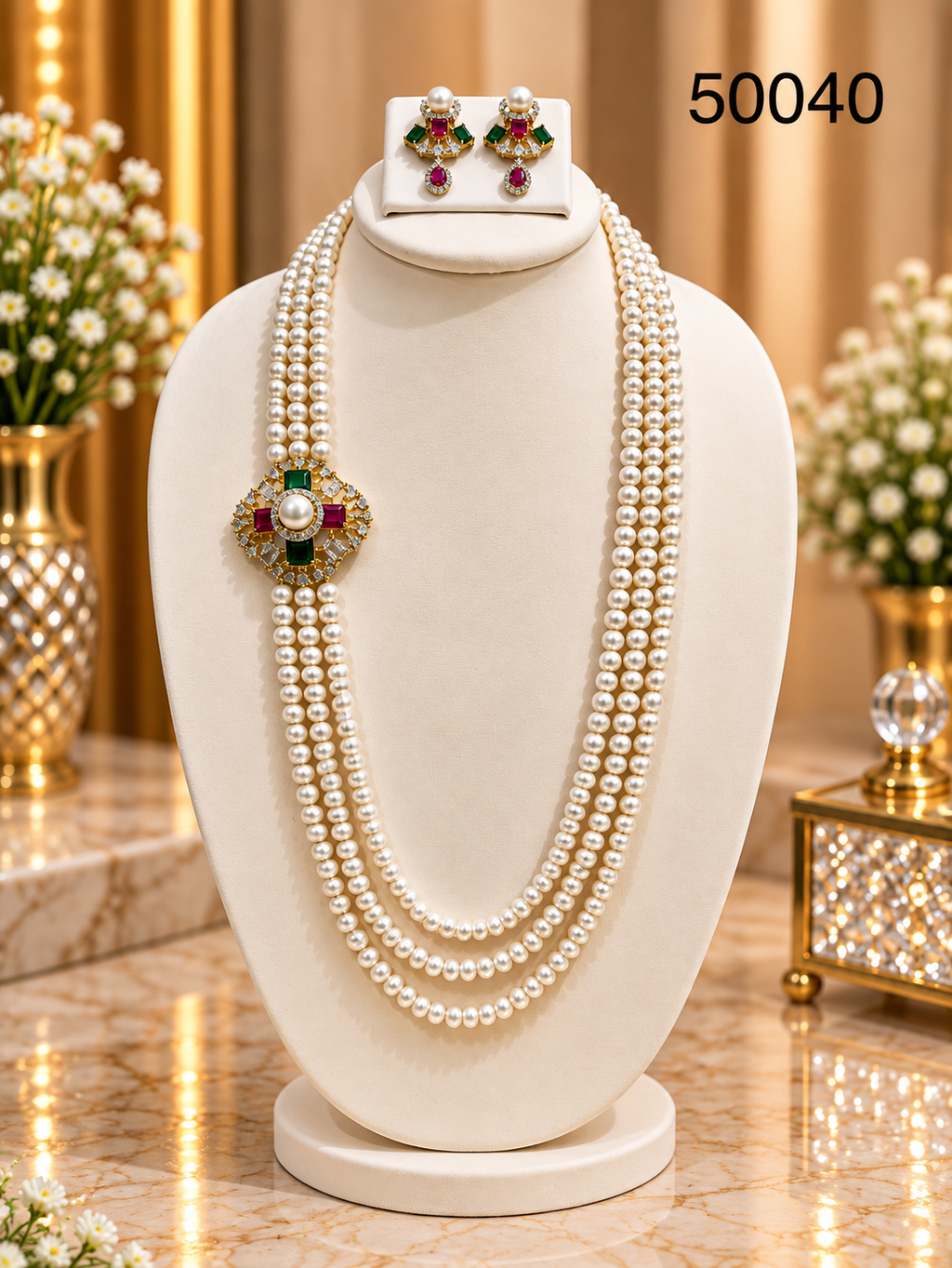 Multicolor Pearl Multi-Strand Necklace Set with Ruby & Emerald Accents