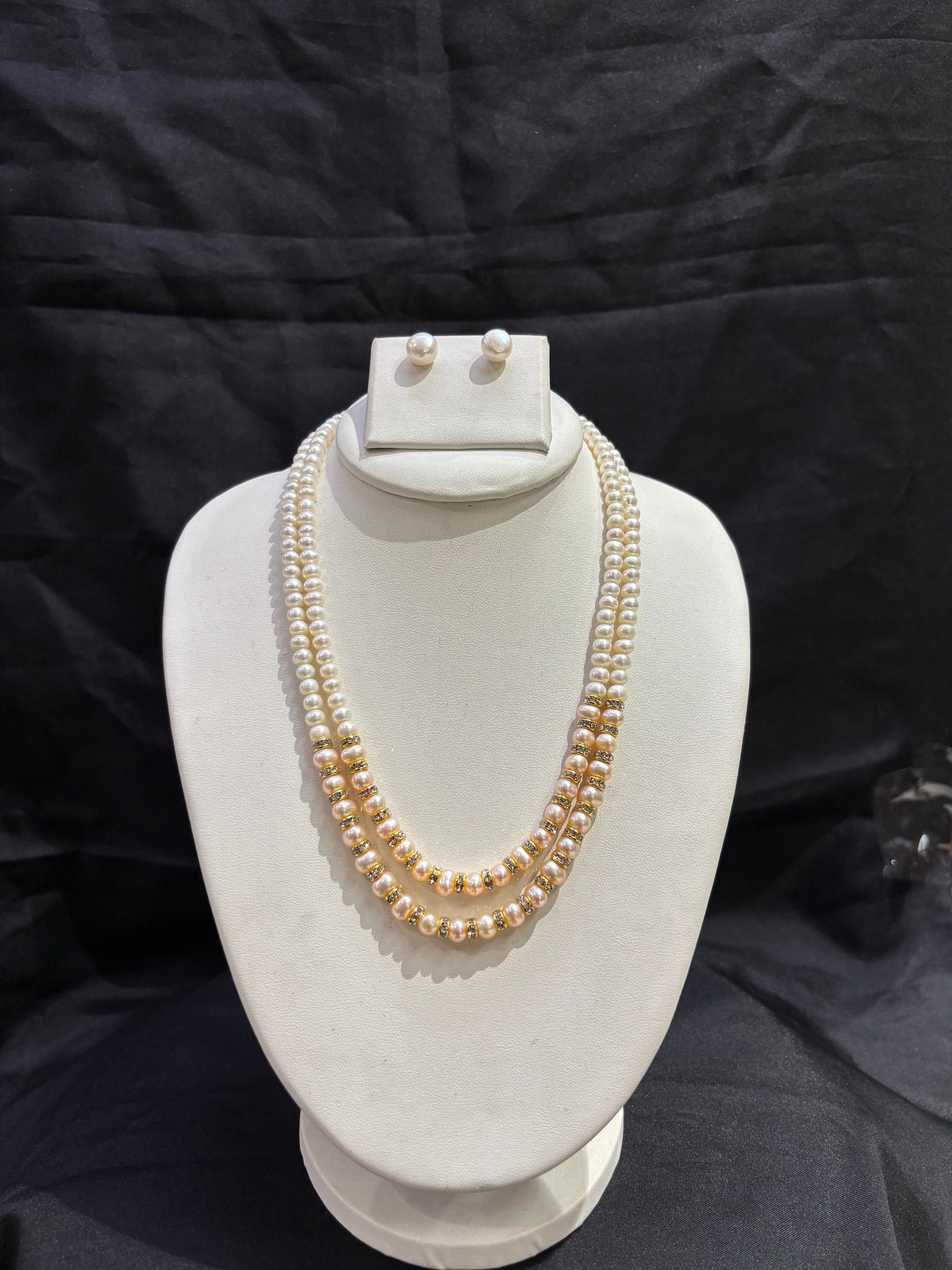 Double Layer Freshwater Pearl Necklace Set with Crystal Spacers