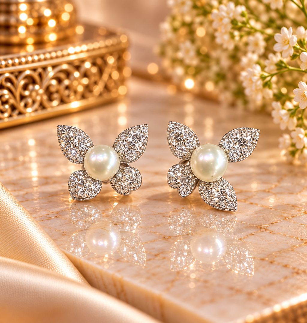 Pearl Floral Stone Stud Earrings – Code 7015