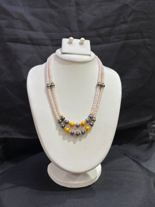 Dual Tone Pearl Necklace Set with Golden & Grey Accent Pearls