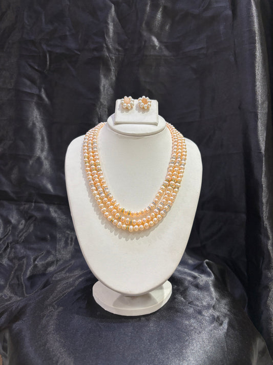 Premium Triple Layer Peach Freshwater Pearl Necklace Set