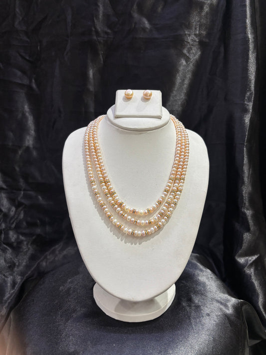 Elegant Triple Layer Peach & White Freshwater Pearl Necklace Set