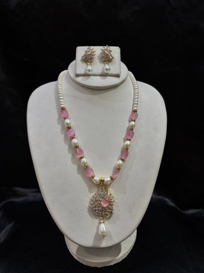 Pink Stone Freshwater Pearl Necklace Set with Designer Pendant – Code 50011
